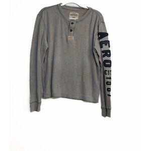 Aeropostale Mens Medium Long Sleeve Henley Waffle Knit Shirt Gray With Embroider